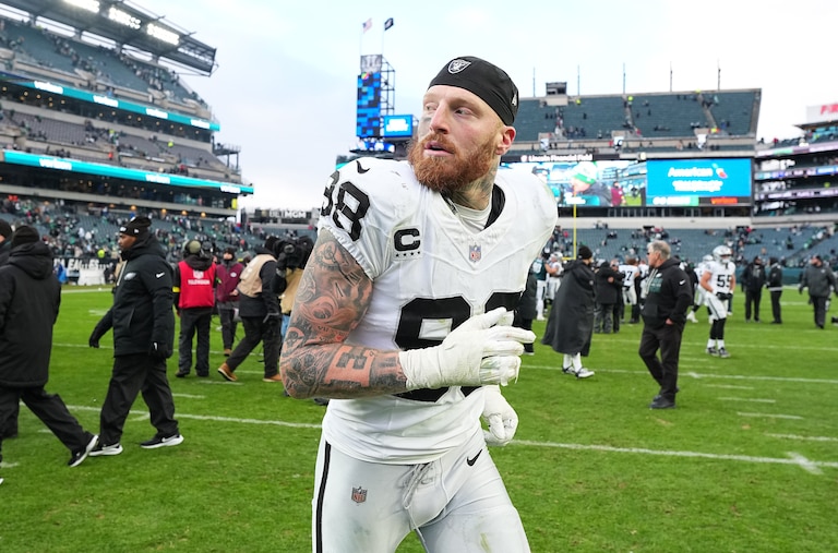 PHILADELPHIA, PENNSYLVANIA - DECEMBER 14: Maxx Crosby #98 of the Las Vegas Raiders runs off the field after the game against the Philadelphia Eagles at Lincoln Financial Field on December 14, 2025 in Philadelphia, Pennsylvania.