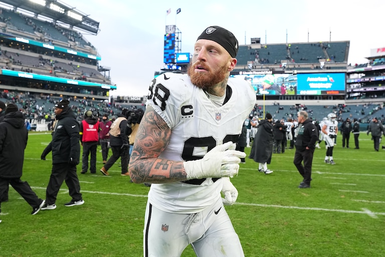 PHILADELPHIA, PENNSYLVANIA - DECEMBER 14: Maxx Crosby #98 of the Las Vegas Raiders runs off the field after the game against the Philadelphia Eagles at Lincoln Financial Field on December 14, 2025 in Philadelphia, Pennsylvania.