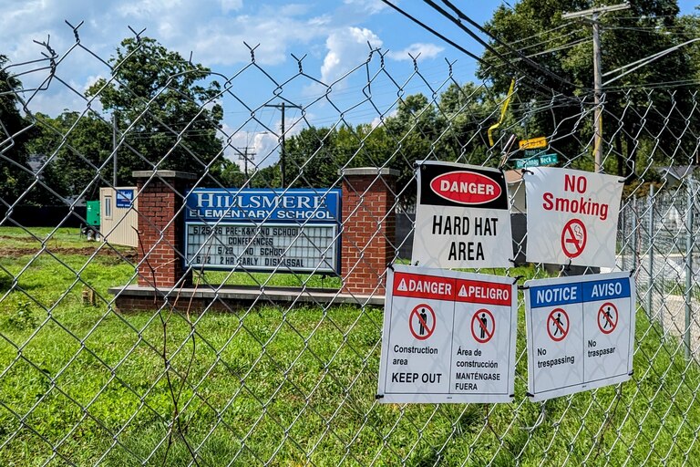 All that's left of old Hillsmere Elementary School in Annapolis is the sign, as work continues on shifting students and staff to a new building later this month.