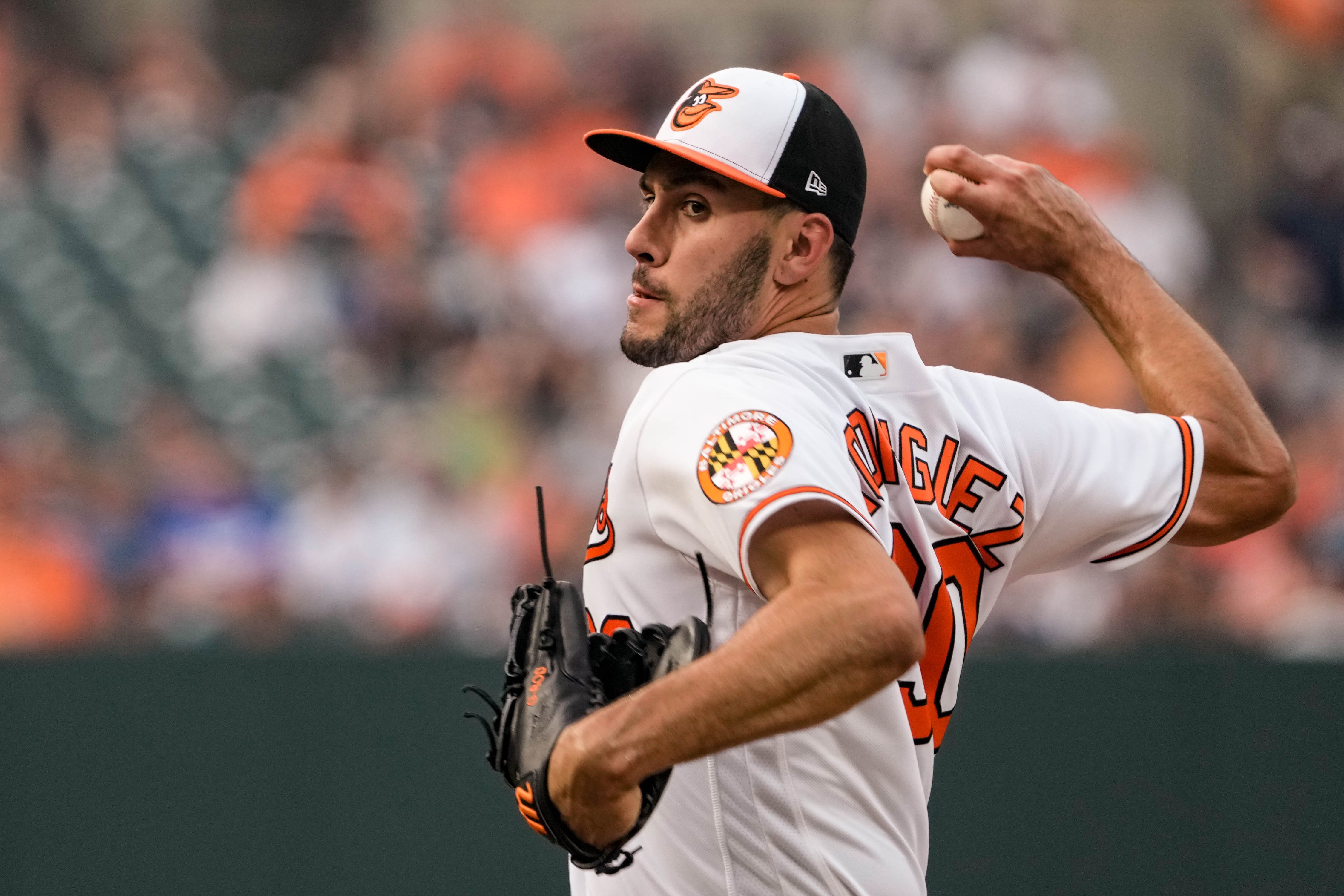 Orioles pitcher Grayson Rodriguez pitches at the first game of the series against the Dodgers on July 17, 2023 at Camden Yards.