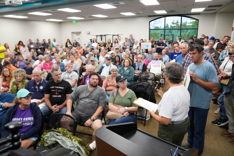 Kathy Martin gives her testimony during a public hearing regarding a potential permit for the Days Cove Rubble Landfill to dump more leachate into the Gunpowder River at the Perry Hall Public Library in Perry Hall, Md., on Tuesday, Sept. 16, 2025.