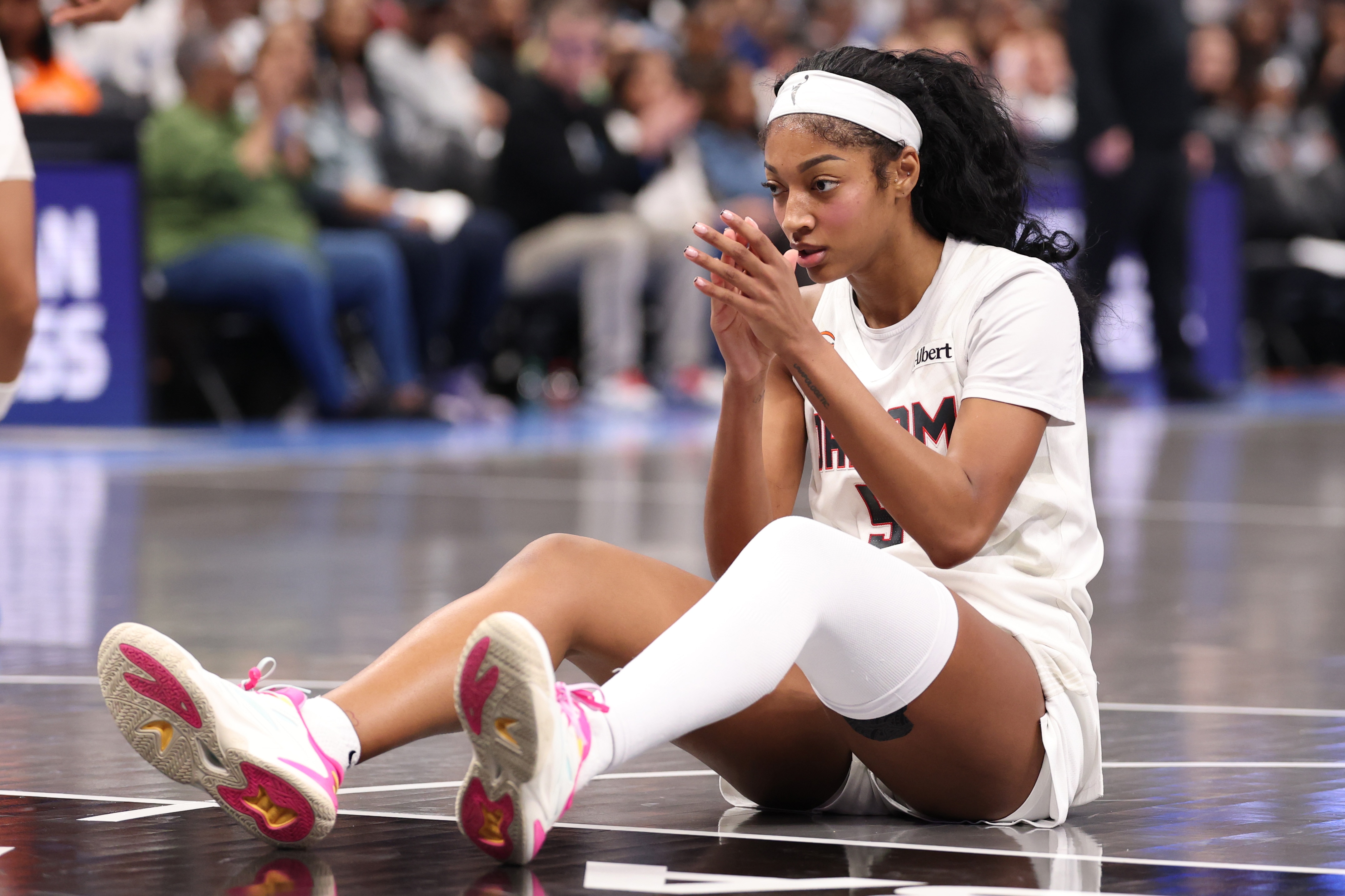 ATLANTA, GEORGIA - OCTOBER 24: Angel Reese #5 of the Atlanta Dream reacts during the third quarter in game four of the 2026 WNBA Finals against the Golden State Valkyries at State Farm Arena on October 24, 2026 in Atlanta, Georgia. NOTE TO USER: User expressly acknowledges and agrees that, by downloading and or using this photograph, User is consenting to the terms and conditions of the Getty Images License Agreement. (Photo by Kevin C. Cox/Getty Images)
