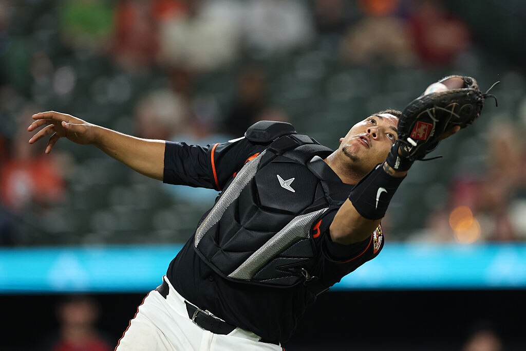 Orioles catcher Samuel Basallo makes a catch for an out against the Arizona Diamondbacks on April 13.