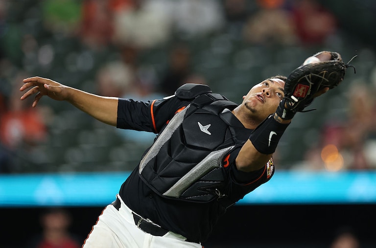 Orioles catcher Samuel Basallo makes a catch for an out against the Arizona Diamondbacks on April 13.