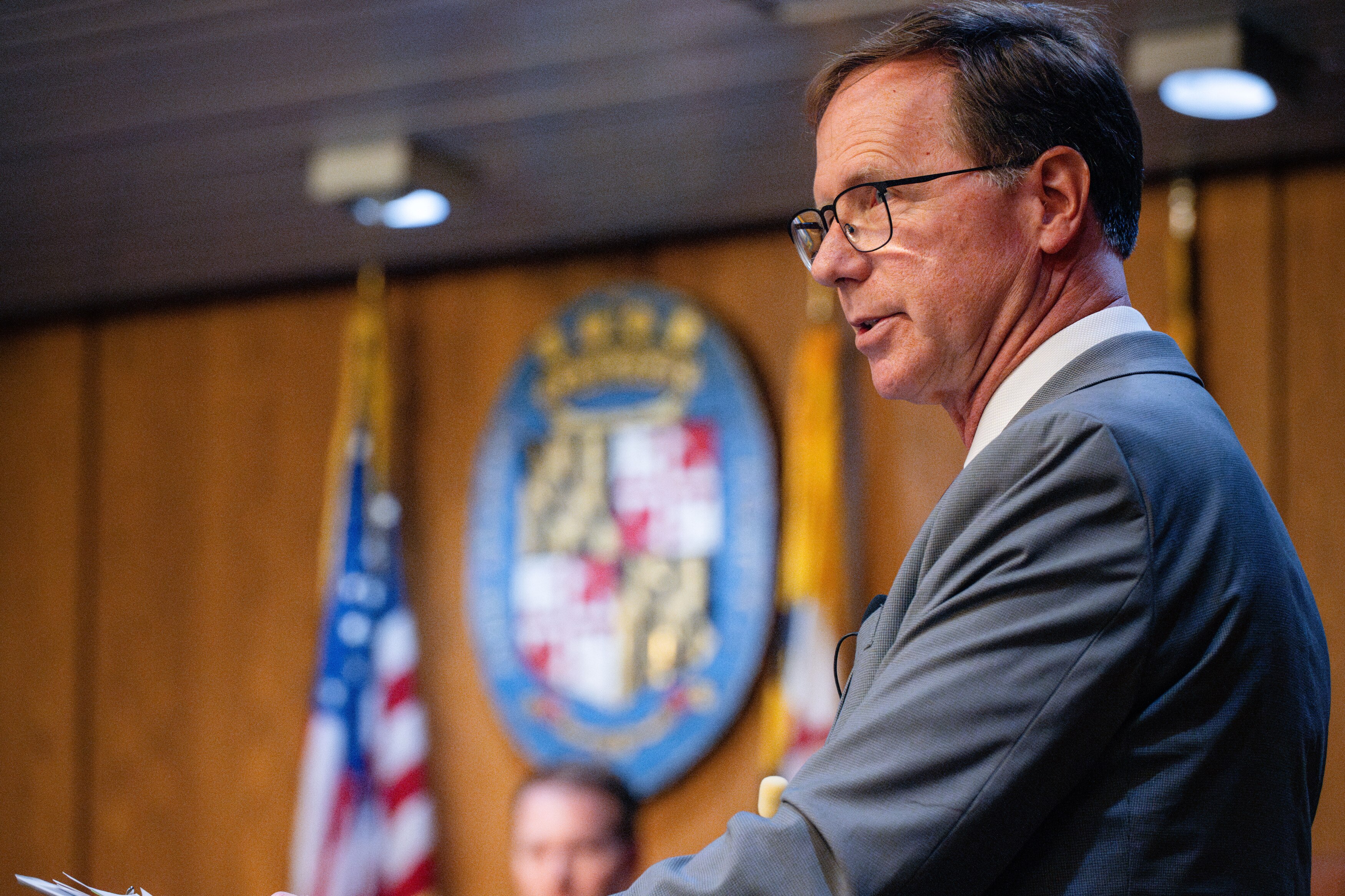Anne Arundel County Executive Steuart Pittman speaks to the Anne Arundel County Council earlier this year in Annapolis. 