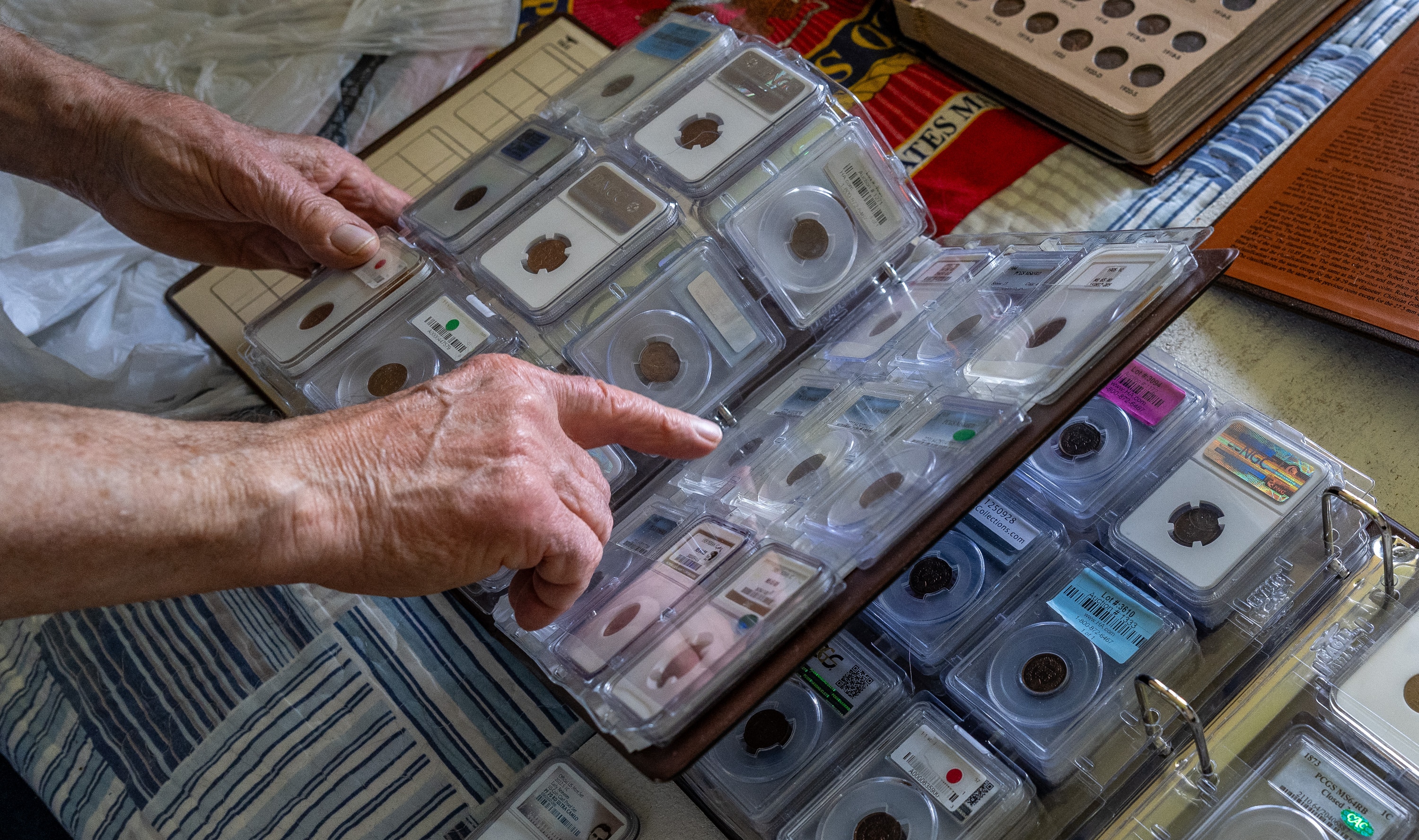 Fred Cook points out highlights in his extensive penny collection. 