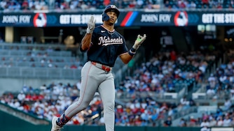 Washington Nationals' Daylen Lile reacts while rounding the bases after hitting a solo home run against the Atlanta Braves during the second inning of a baseball game, Thursday, July 30, 2026, in Atlanta. (AP Photo/Erik S. Lesser)