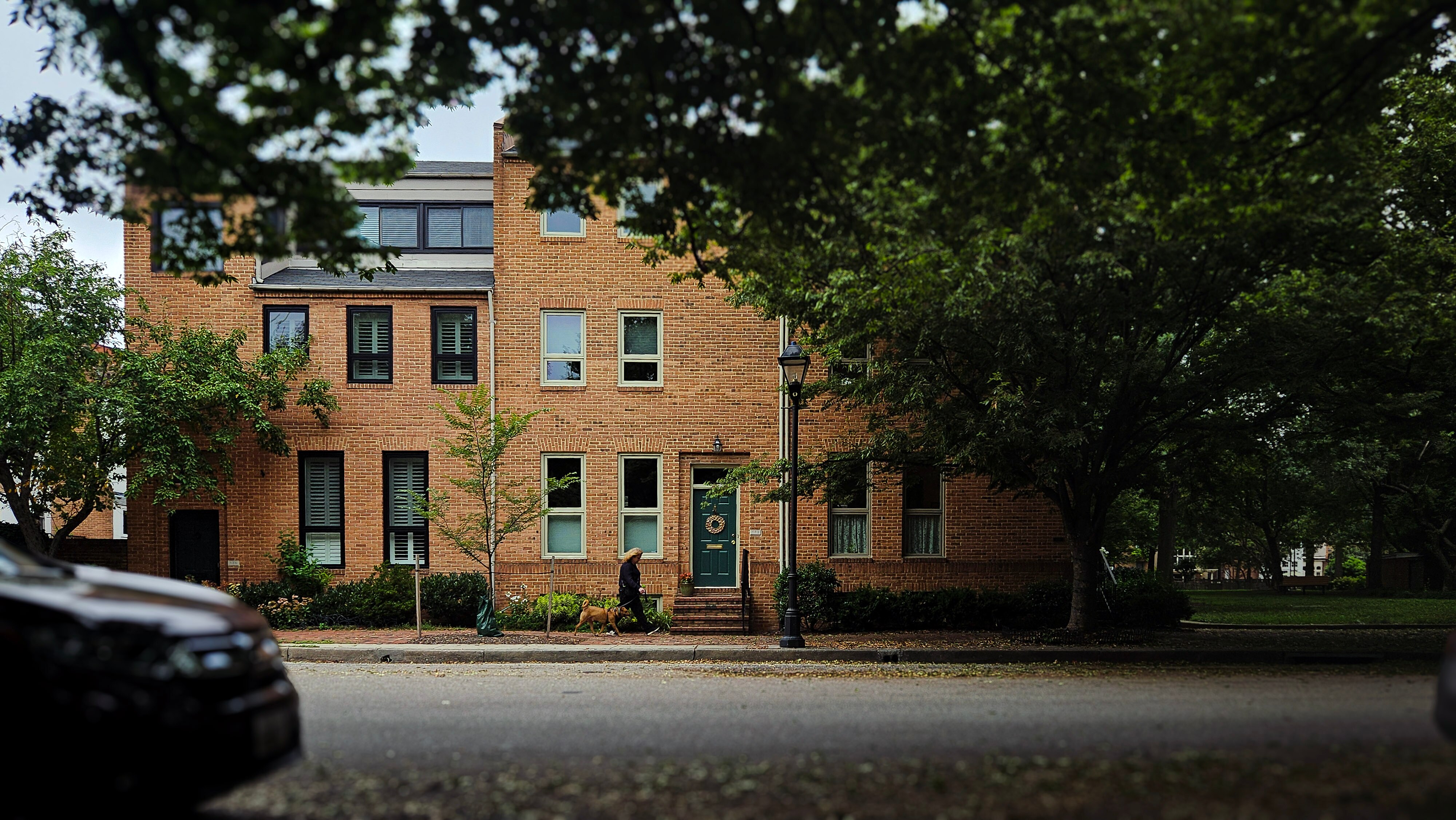 In Otterbein. The woman with the dog: This was the only home not hidden in shadow. In the time it took to unlock my phone, the woman and her dog came into the frame as if to bring the street to life.