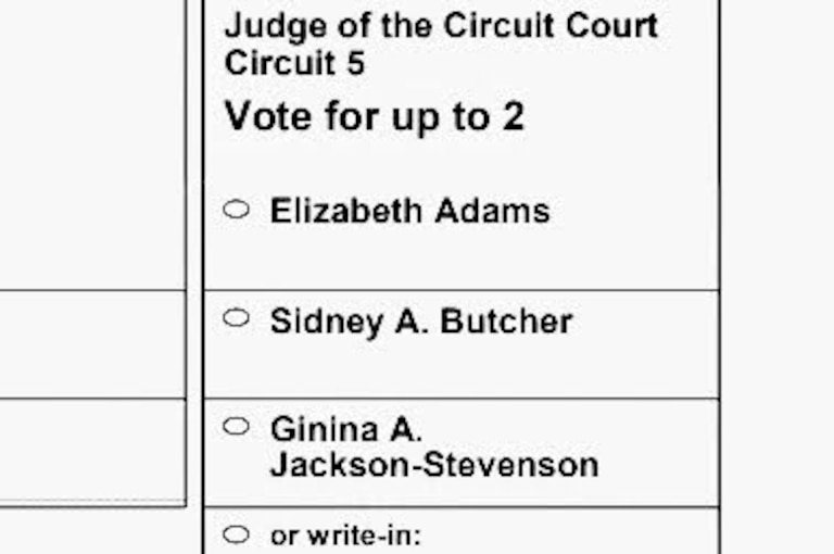 The Anne Arundel County ballot includes three names for Circuit Court judge but instructions to pick just two. Write-ins are also allowed.