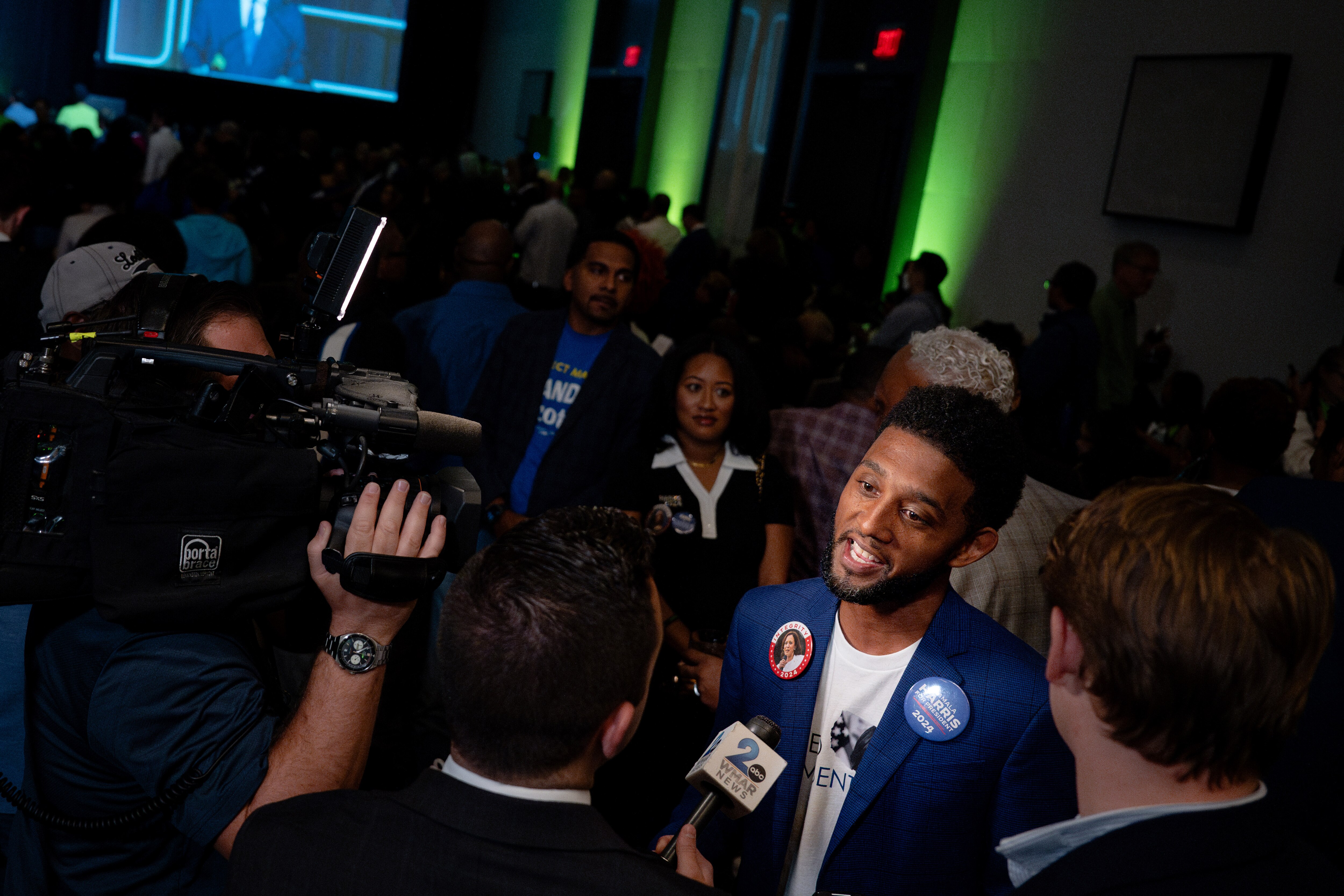 Baltimore Mayor Brandon Scott answers questions during an election night event for Angela Alsobrooks held in College Park, MD on November 5th, 2024.