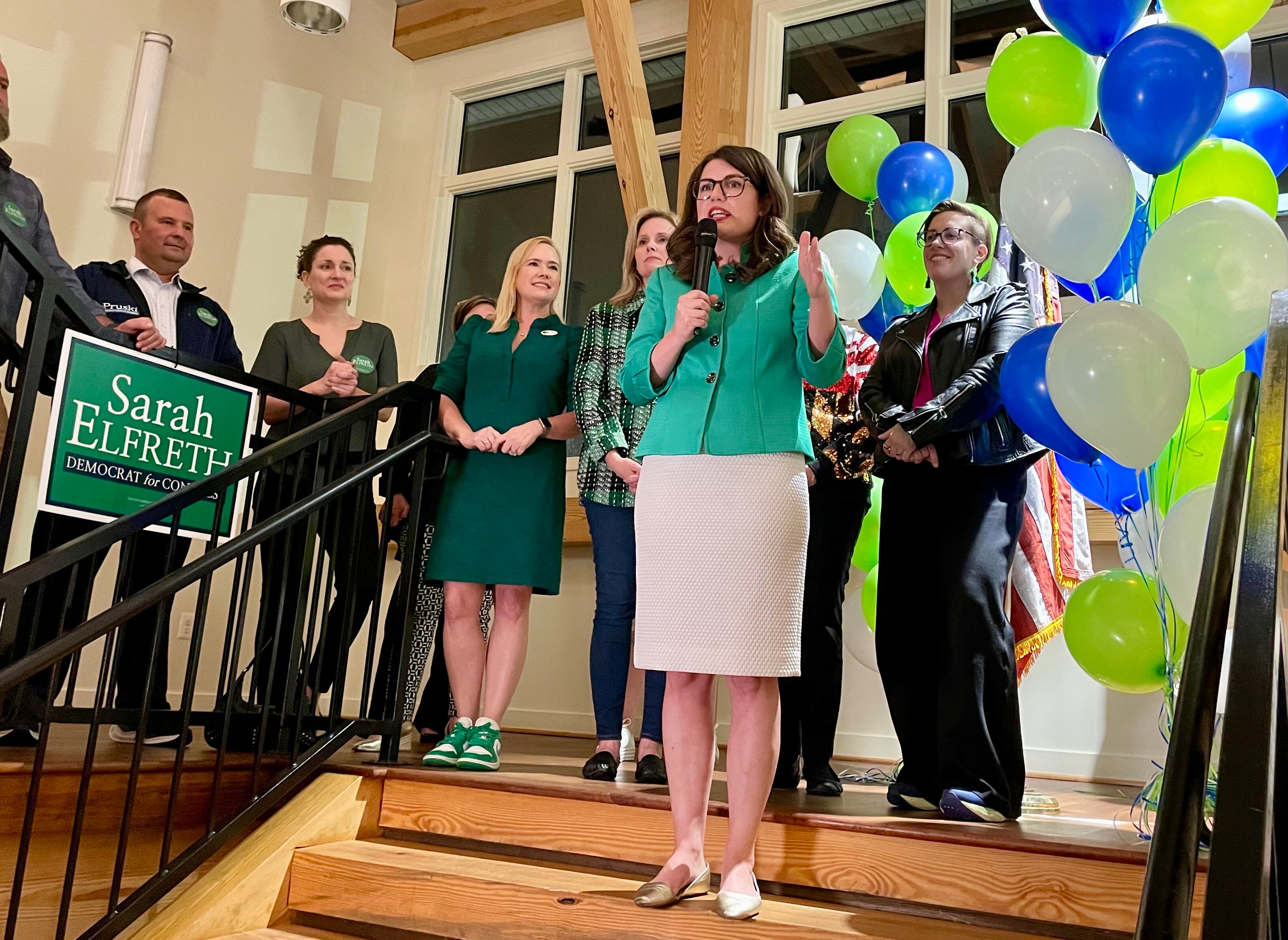 Maryland state Sen. Sarah Elfreth speaks to a crowd of supporters and campaign volunteers after taking a significant lead in the Democratic primary race for the 3rd Congressional District.