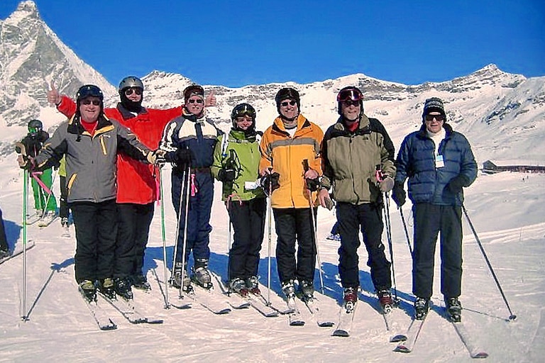 Gene Litz, far left, on his last day of skiing, around 87 years old.