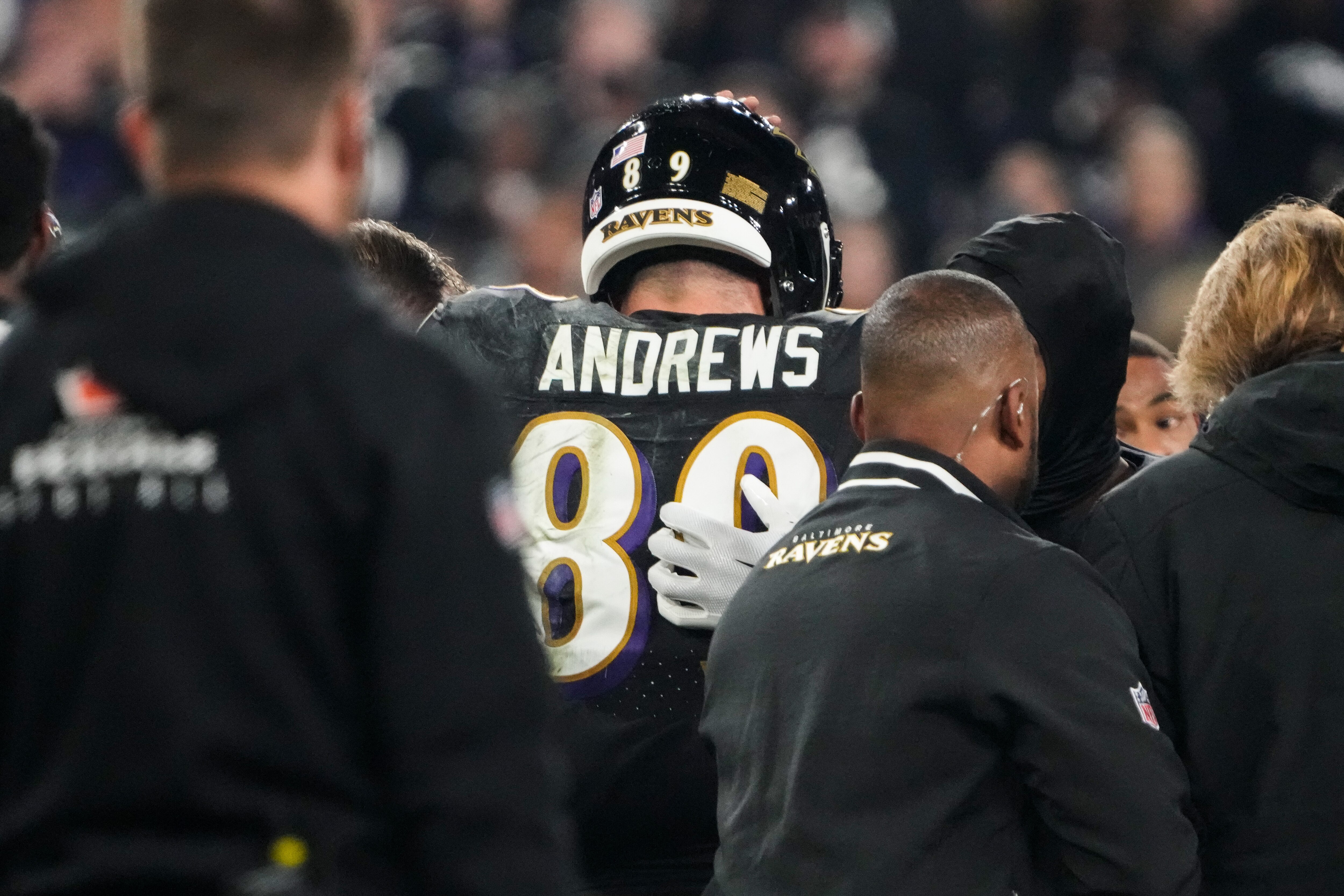 Ravens tight end Mark Andrews leaves the field after he injured an ankle in the first quarter Thursday night in Baltimore.