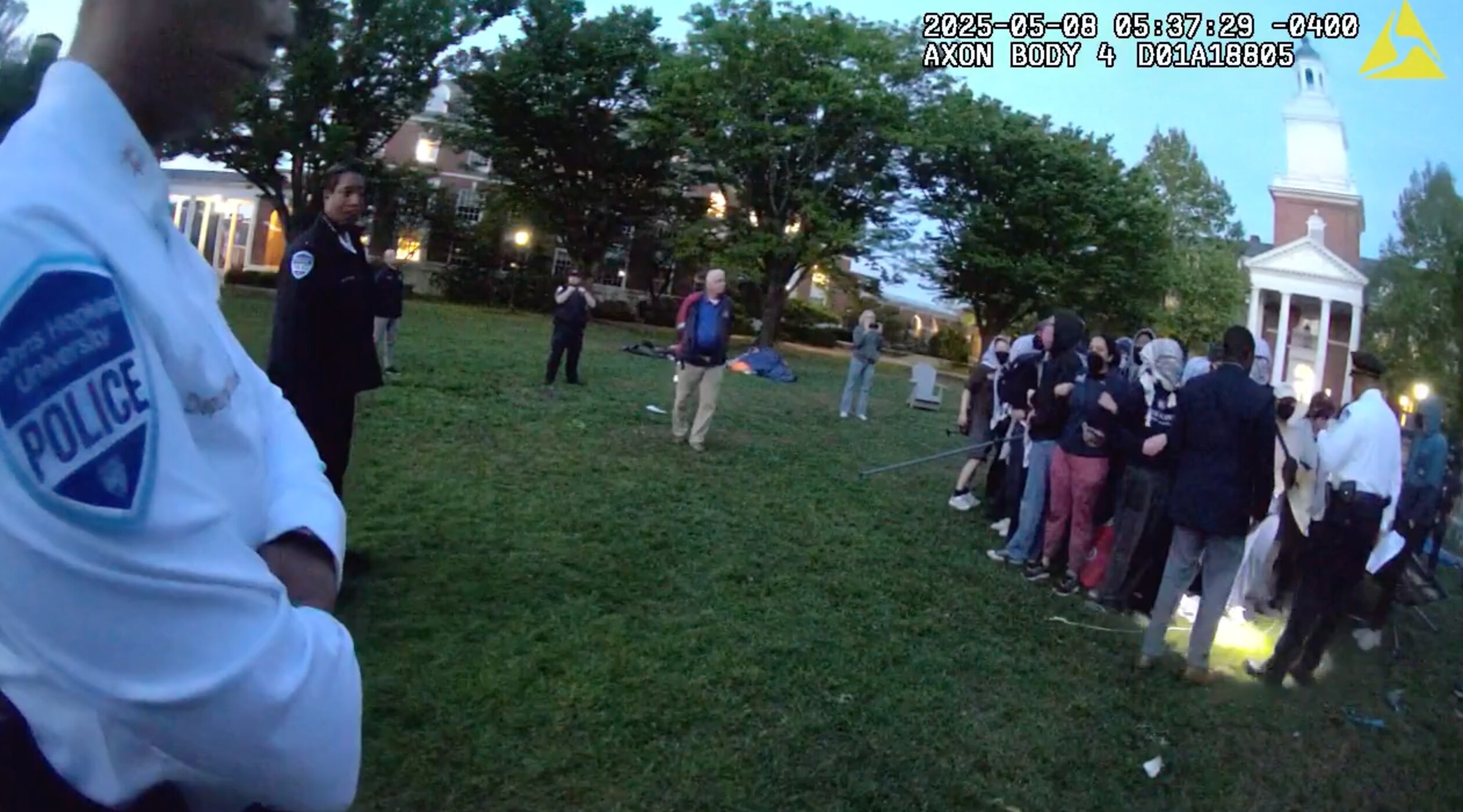 Still image from the body camera footage as police ended a Johns Hopkins University student encampment.