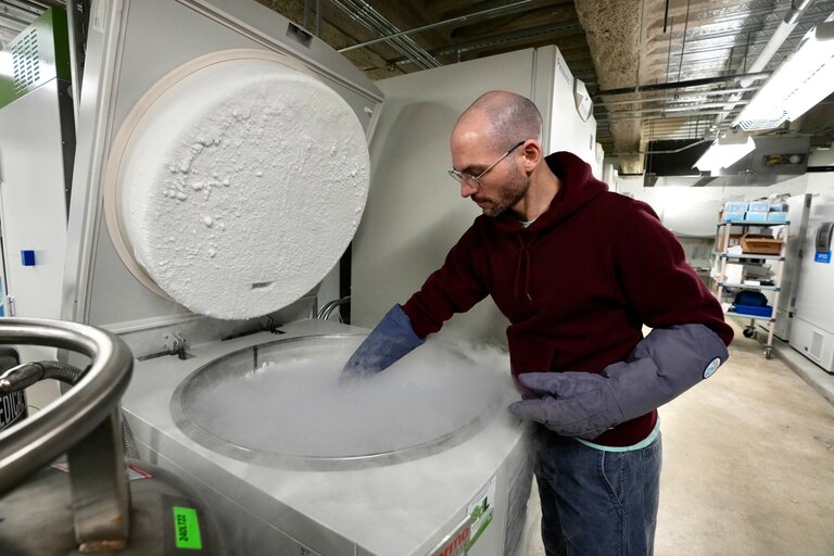 James Tooke shows where the donated brains are stored. They are kept in -80 degree freezers in individually marked boxes at The Lieber Institute for Brain Development.