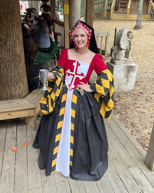 Natalie Hanrion, a costume designer, made her first Maryland flag-themed dress in 2023. She was inspired by the fashion of the Tudor dynasty.
