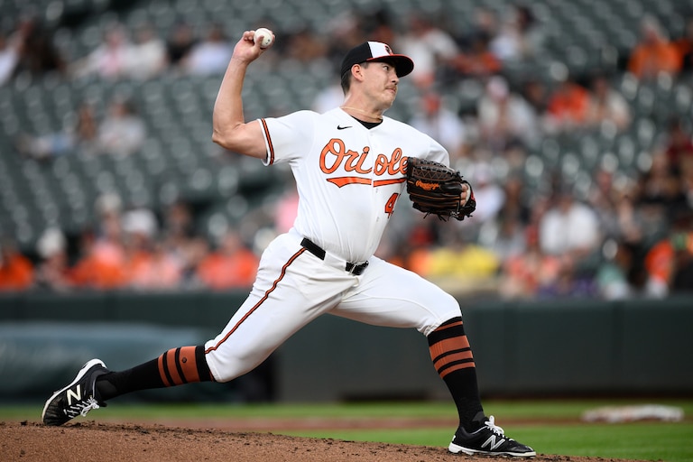 Baltimore Orioles pitcher Trey Gibson throws during the second inning of a baseball game against the Tampa Bay Rays, Wednesday, May 27, 2026, in Baltimore. (AP Photo/Nick Wass)