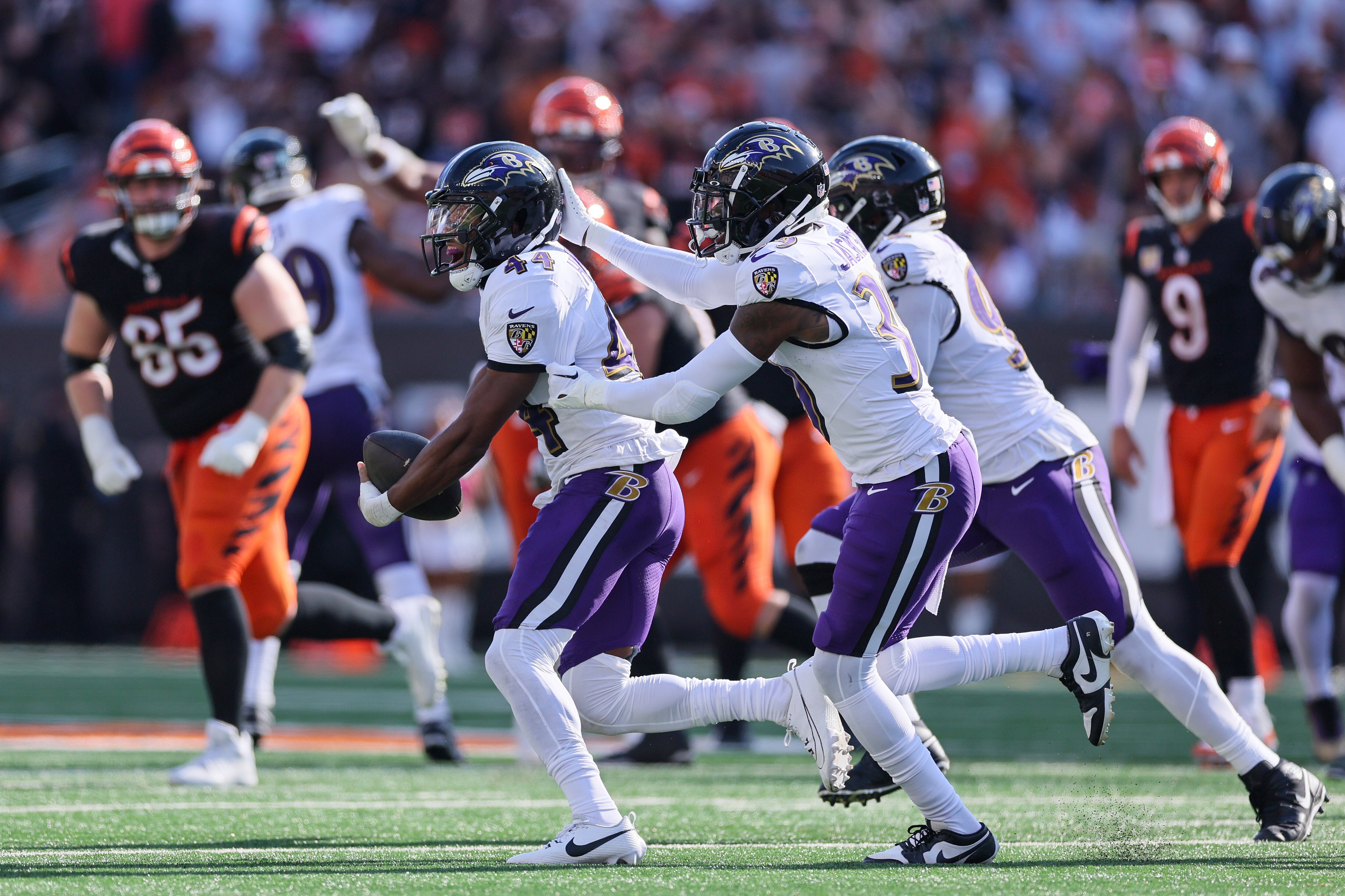 Marlon Humphrey celebrates an interception against the Cincinnati Bengals during the fourth quarter.