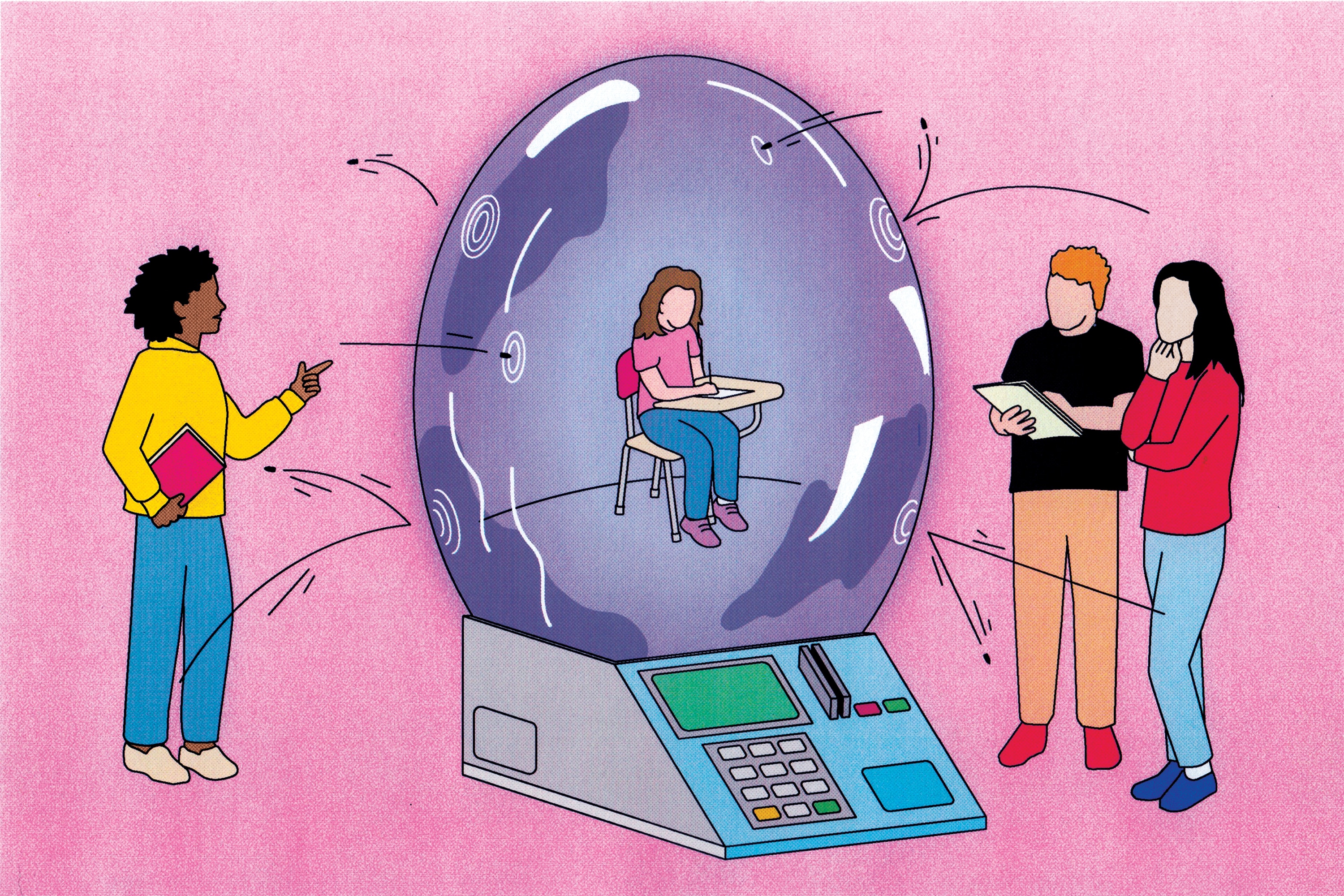 Illustration shows three college students with notebooks standing on either side of a credit card machine that is blowing a protective bubble around a younger student sitting at a desk. Small bullets ricochet off the bubble.