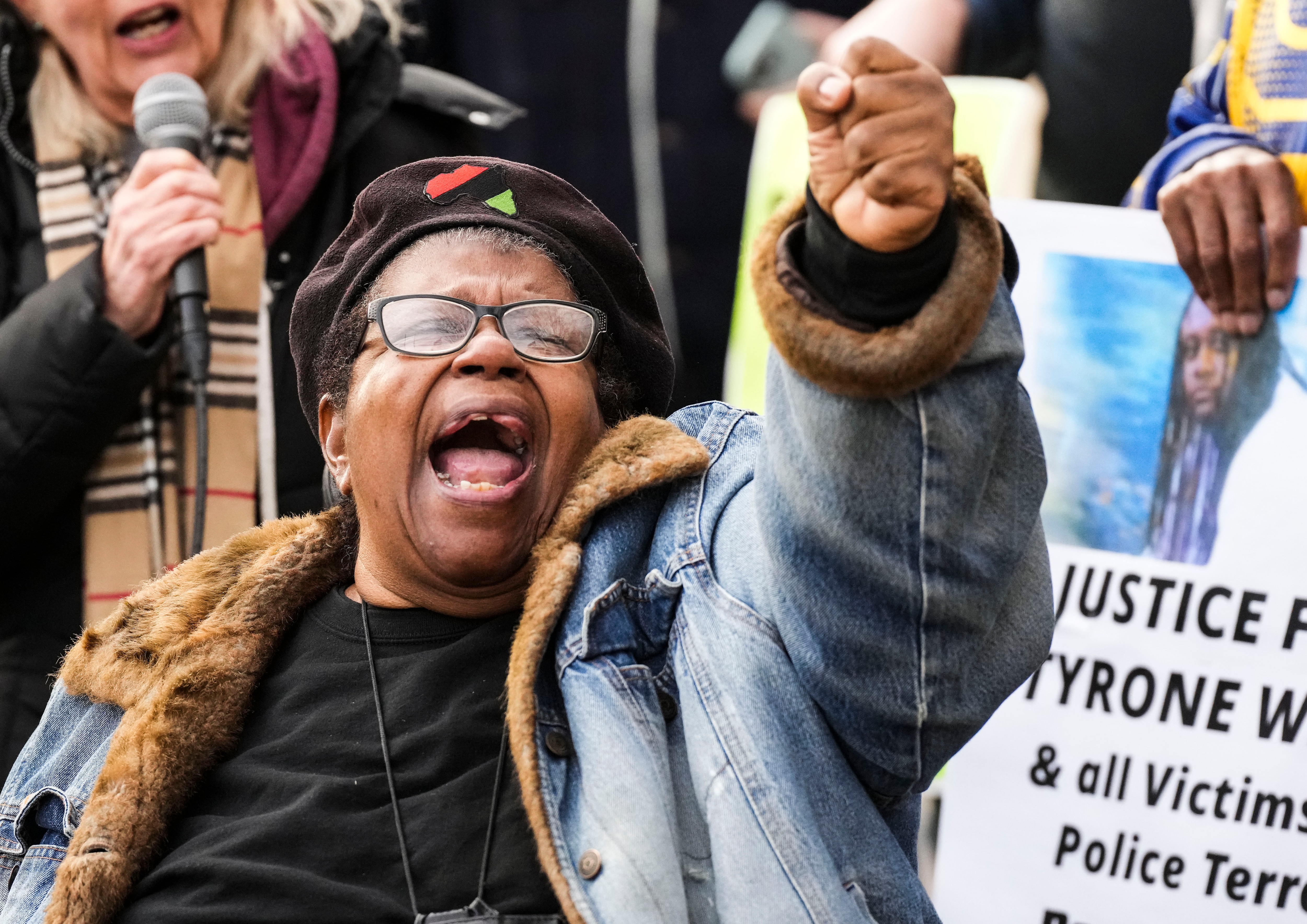 Reverend Annie Chambers speaks against police brutality at a rally for Tyre Nichols on the corner of North Avenue and North Charles Street on January 28, 2023.