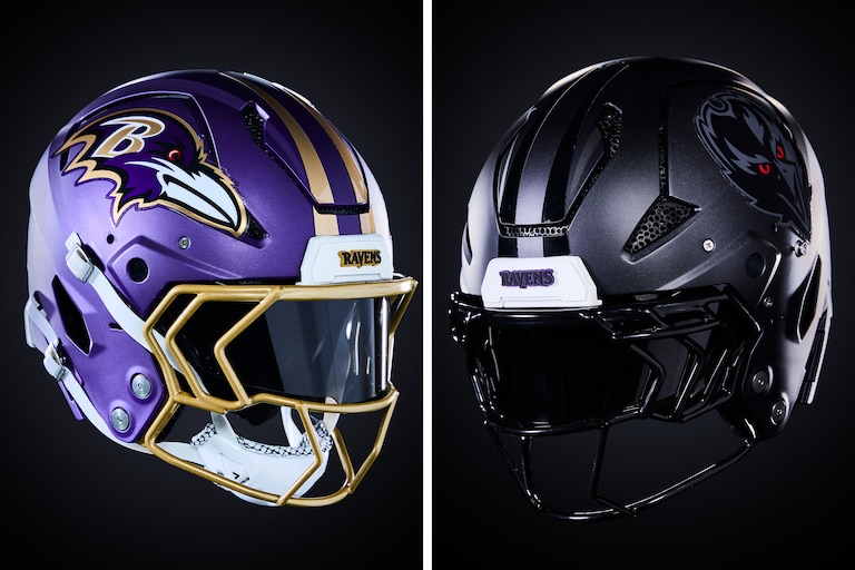 The Ravens Purple Rising helmet, left, and Darkness helmet.