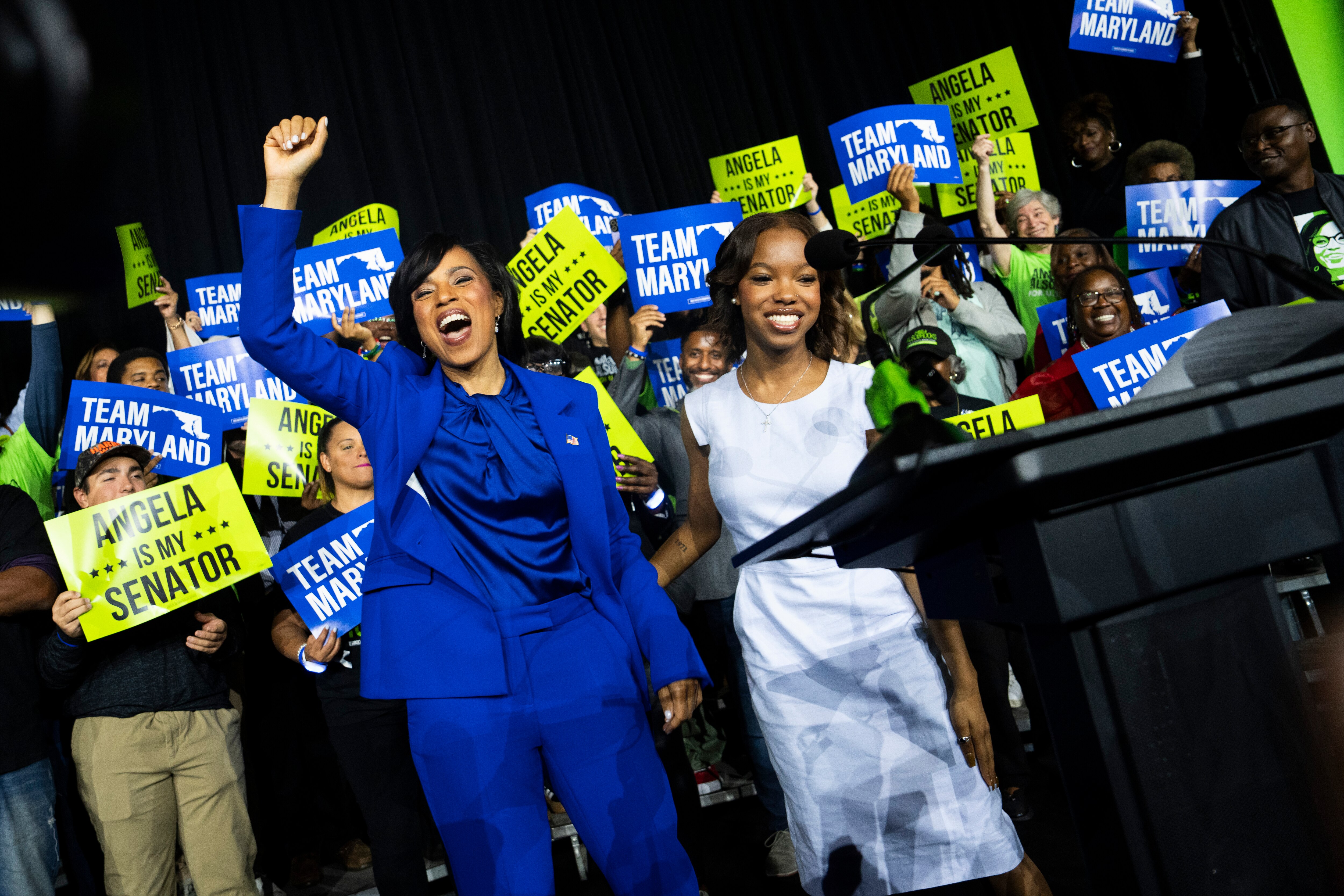 Angela Alsobrooks, joined by her daughter, Alex, addresses the crowd at her election night watch party in College Park on Tuesday night.