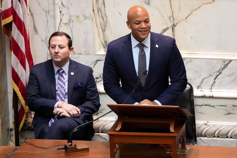 Gov. Wes Moore, flanked by Senate President Bill Ferguson, delivers his second State of the State address in the Maryland State House on February 7, 2024.