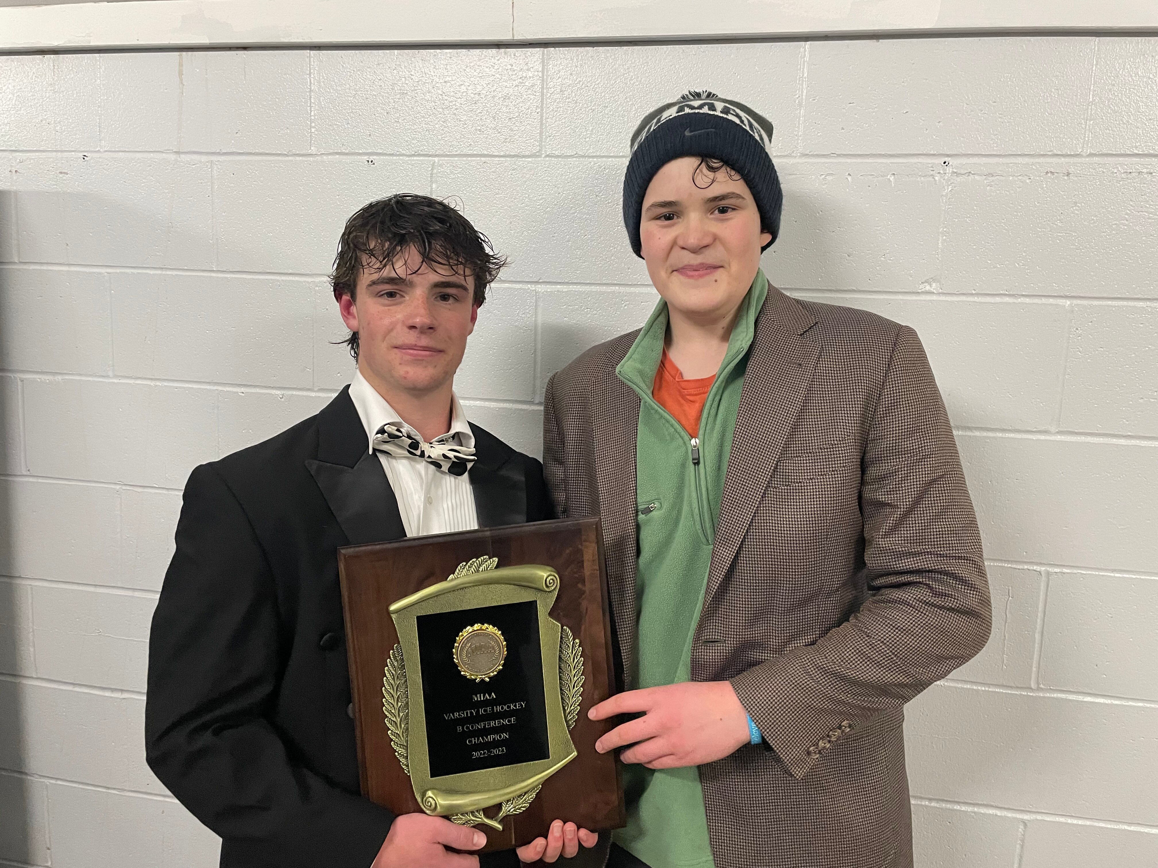 Behind the efforts of Oscar Woloson (left) and Simeon Schlagger, Gilman claimed the MIAA B Conference hockey championship Thursday. The Greyhounds defeated St. Paul's, 6-4, at The Gardens Ice House in Laurel.