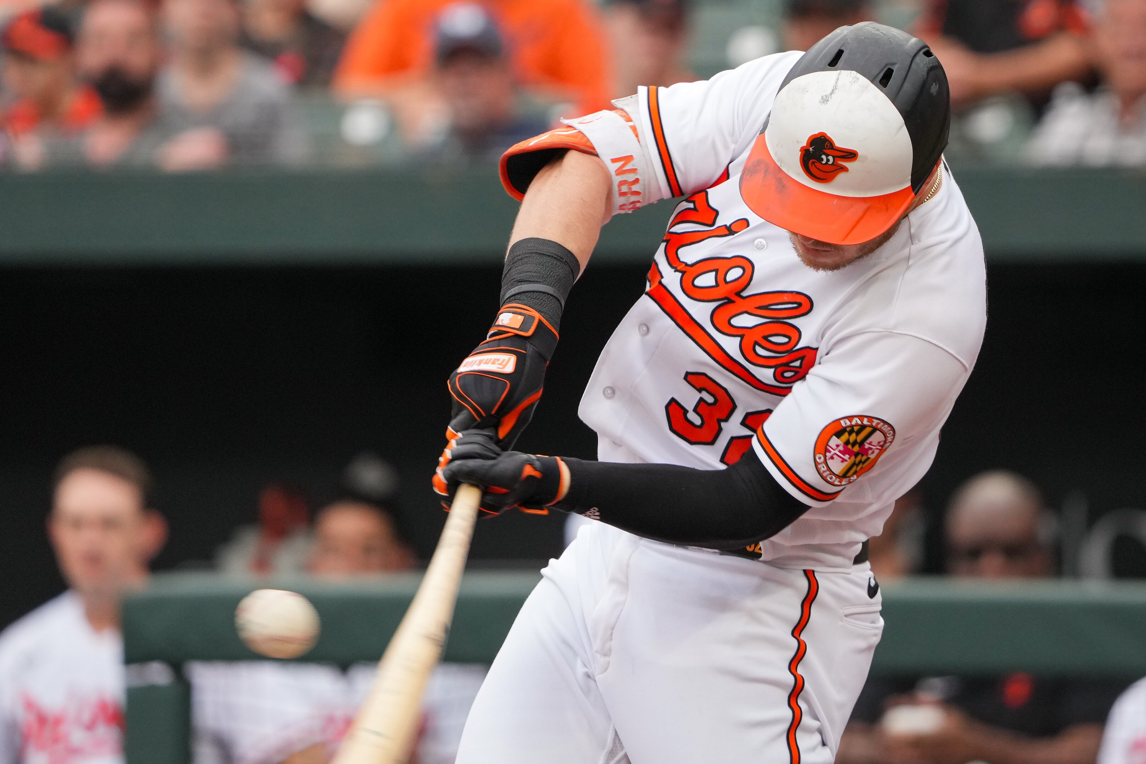 Baltimore Orioles first baseman Ryan O'Hearn (32) swings at a pitch in the first inning of a baseball game against the Houston Astros at Oriole Park at Camden Yards in Baltimore on August 10, 2023.