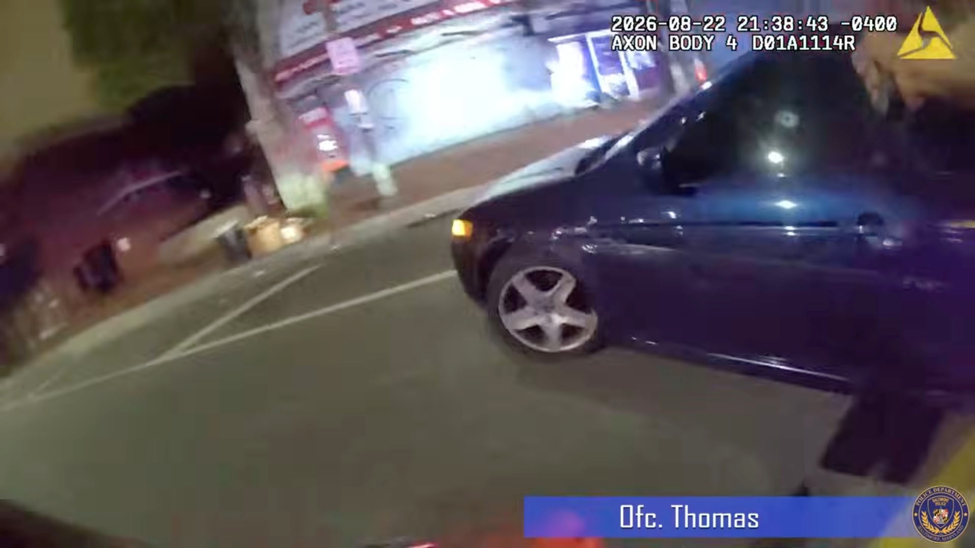 Screenshot from a bodycam video from Baltimore City Police Department officer involved shooting on August 22, 2026.