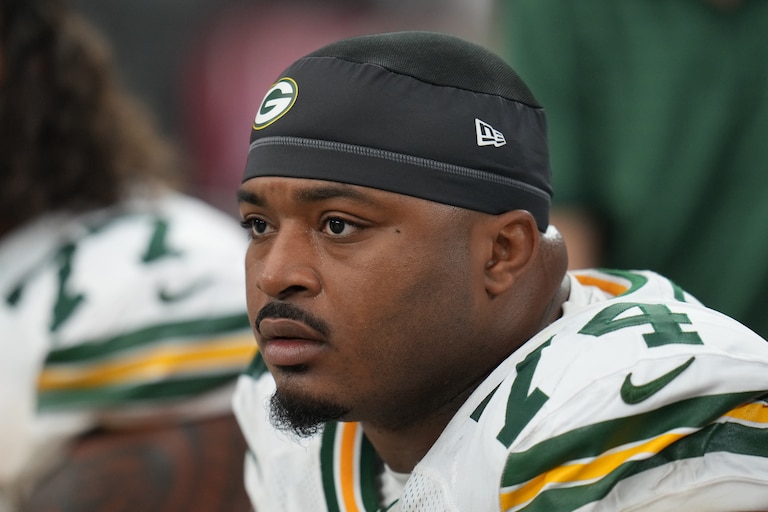 Former Green Bay Packers center Elgton Jenkins looks on during the team's Week 7 game against the Arizona Cardinals.