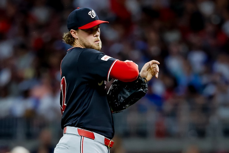 Washington Nationals pitcher Jake Irvin reacts in between pitches to an Atlanta Braves batter during the sixth inning of a baseball game, Thursday, July 30, 2026, in Atlanta. (AP Photo/Erik S. Lesser)