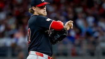 Washington Nationals pitcher Jake Irvin reacts in between pitches to an Atlanta Braves batter during the sixth inning of a baseball game, Thursday, July 30, 2026, in Atlanta. (AP Photo/Erik S. Lesser)