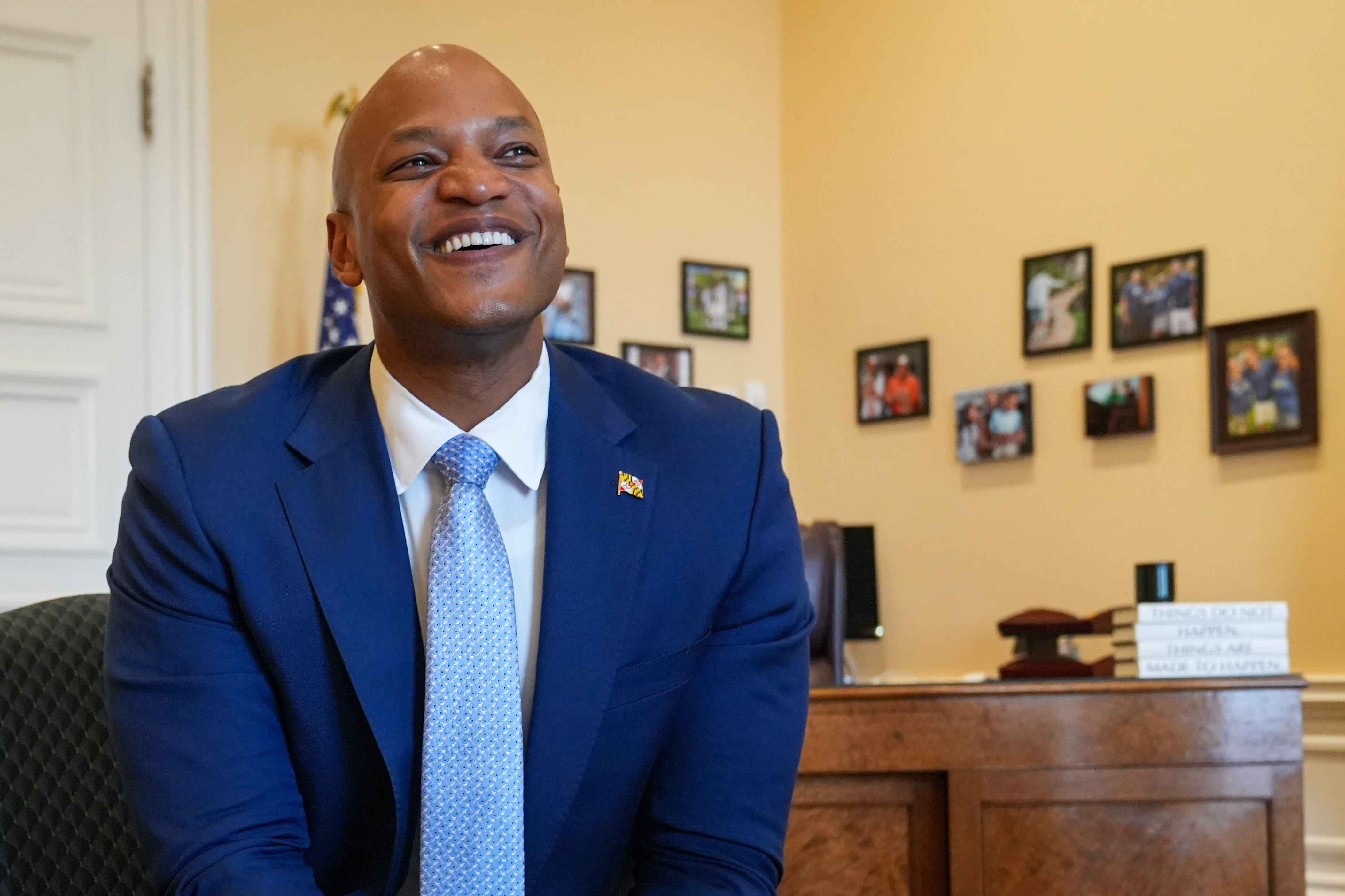Gov. Wes Moore, shown in his office earlier this summer, told reporters Wednesday that he feels “very good” about the prospects of the Orioles signing a long-term lease to remain at Camden Yards in Baltimore.