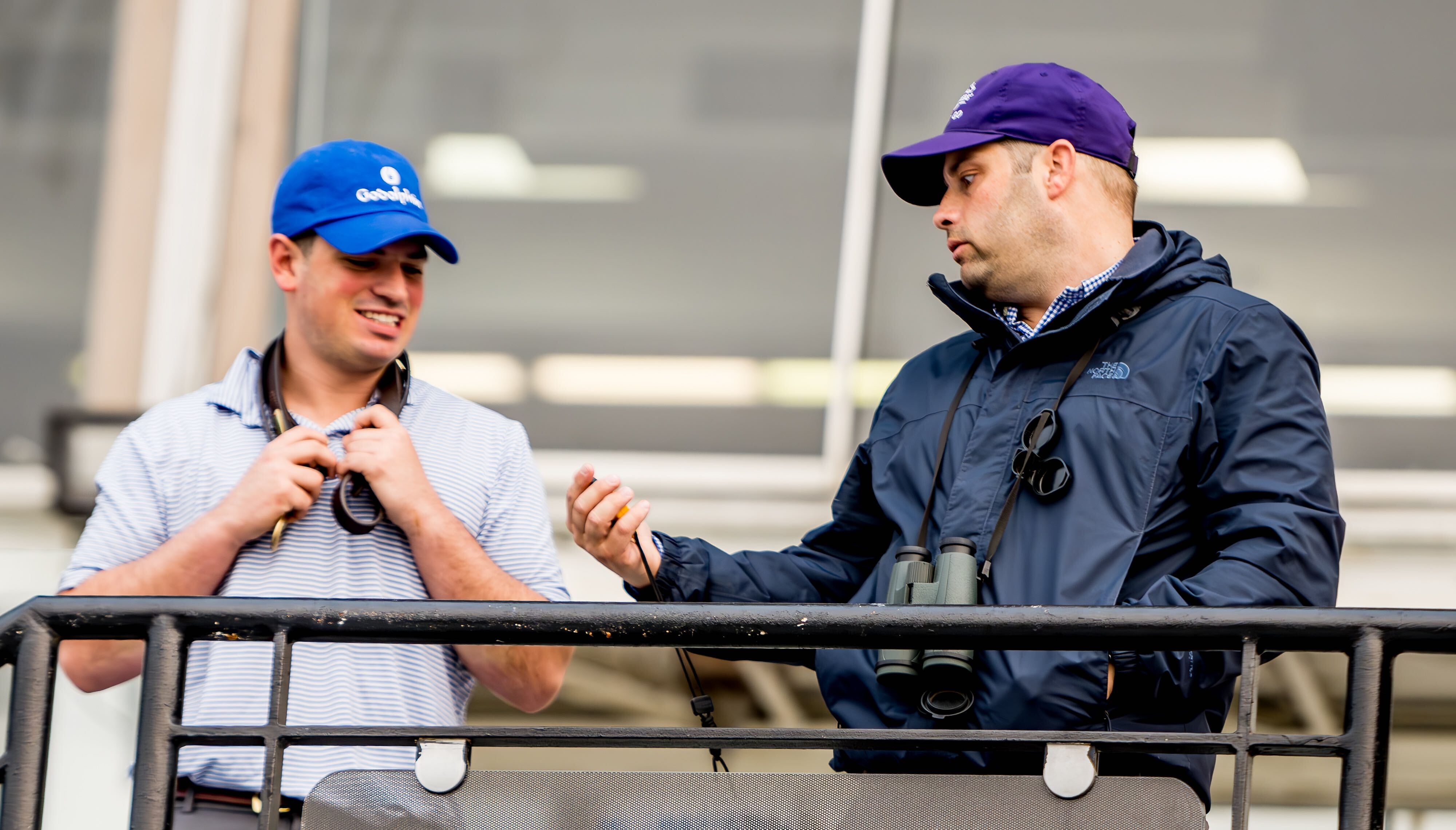 Trainer Brad Cox reacts to the timed workout for First Mission on track during morning workouts at Pimlico Race Course as horses prepare for the Preakness Stakes in Baltimore, Maryland on May 17, 2023. First Mission was scratched from the Preakness Friday morning and sent to Rood and Riddle Equine for physical evaluation.