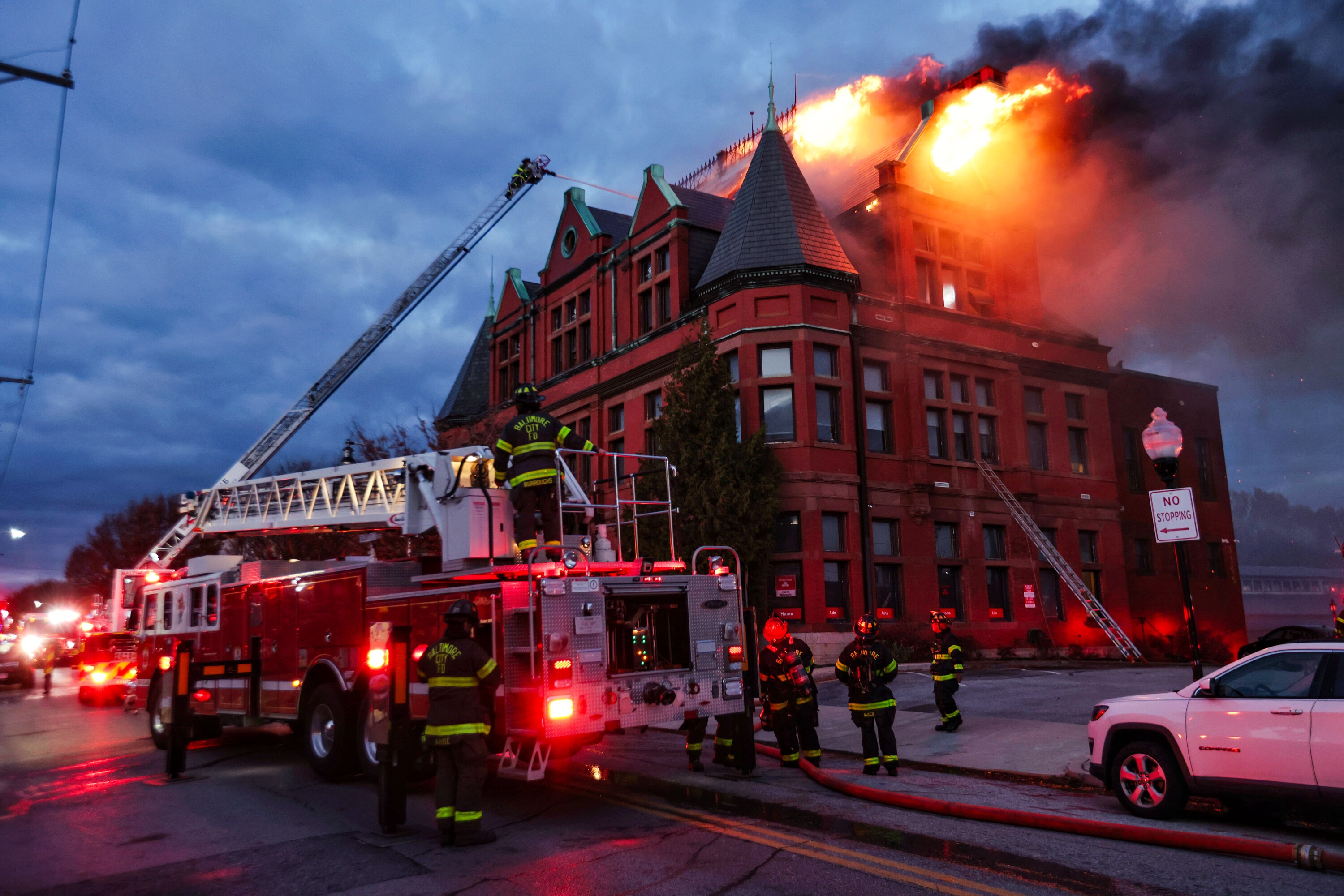 Baltimore Fire Department crews respond to a fire at West 34th Street and Keswick Road in Baltimore's Hampden neighborhood on Monday, November 10, 2025.