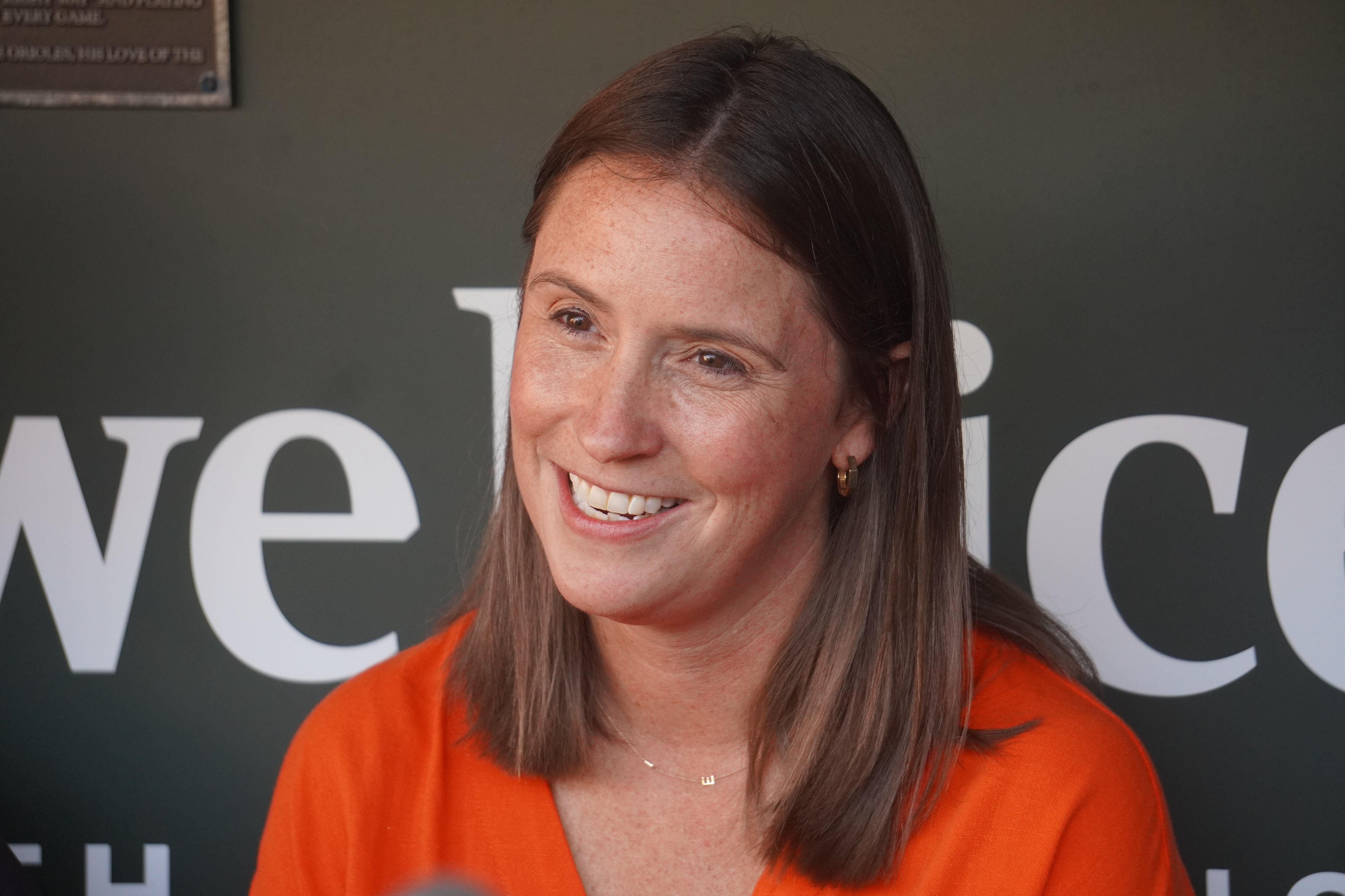 Orioles President of Business Operations Catie Griggs speaks with the media at Oriole Park at Camden Yards (Sept. 4, 2024).