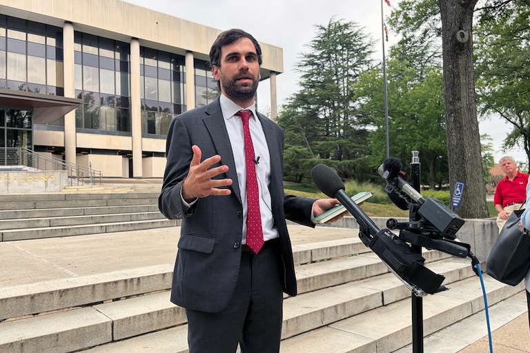 Joe Francaviglia with the advocacy campaign Fight Back MD speaks to reporters outside the Supreme Court of Maryland in Annapolis on Thursday, Sept. 3, 2026. Fight Back MD supports a change to the state constitution that would ease the rules for drawing congressional districts.