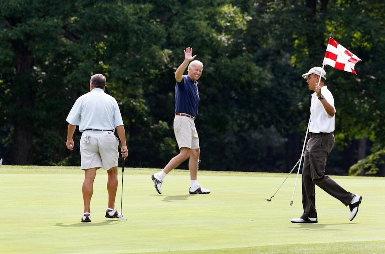 FILE - President Barack Obama, from right, Vice President Joe Biden, House Speaker John Boehner, R-Ohio, and Ohio Gov. John Kasich walk on the first green during a round of golf at Andrews Air Force Base, Md., June 18, 2011.