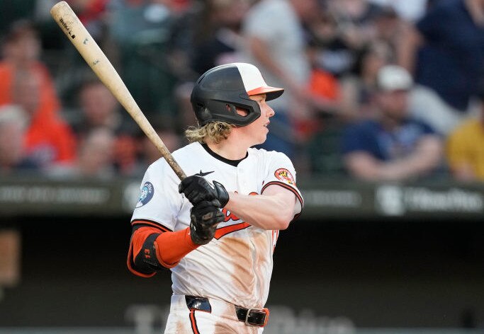 Heston Kjerstad, #13 of the Baltimore Orioles, singles in the third inning inning during a baseball game against the Cleveland Guardians at the Oriole Park at Camden Yards on June 24, 2024 in Baltimore, Maryland. (Photo by Mitchell Layton/Getty Images)