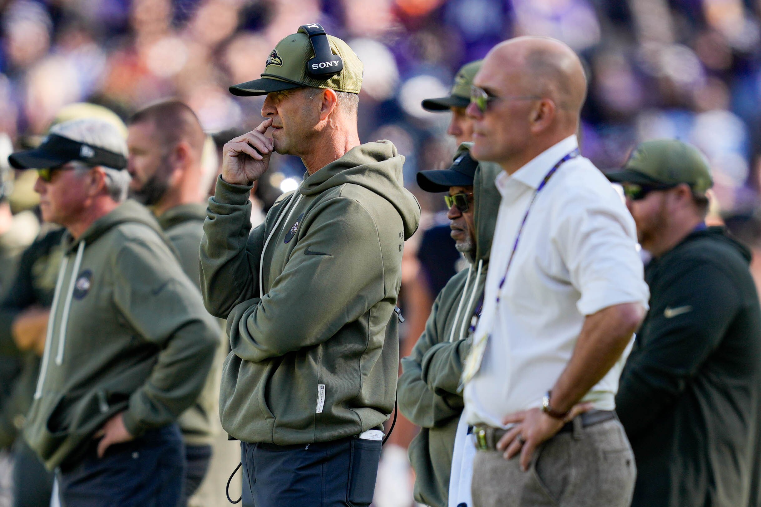 Ravens coach John Harbaugh watches from the sidelines next to general manager Eric DeCosta in the second quarter against the Chicago Bears in Week 8.