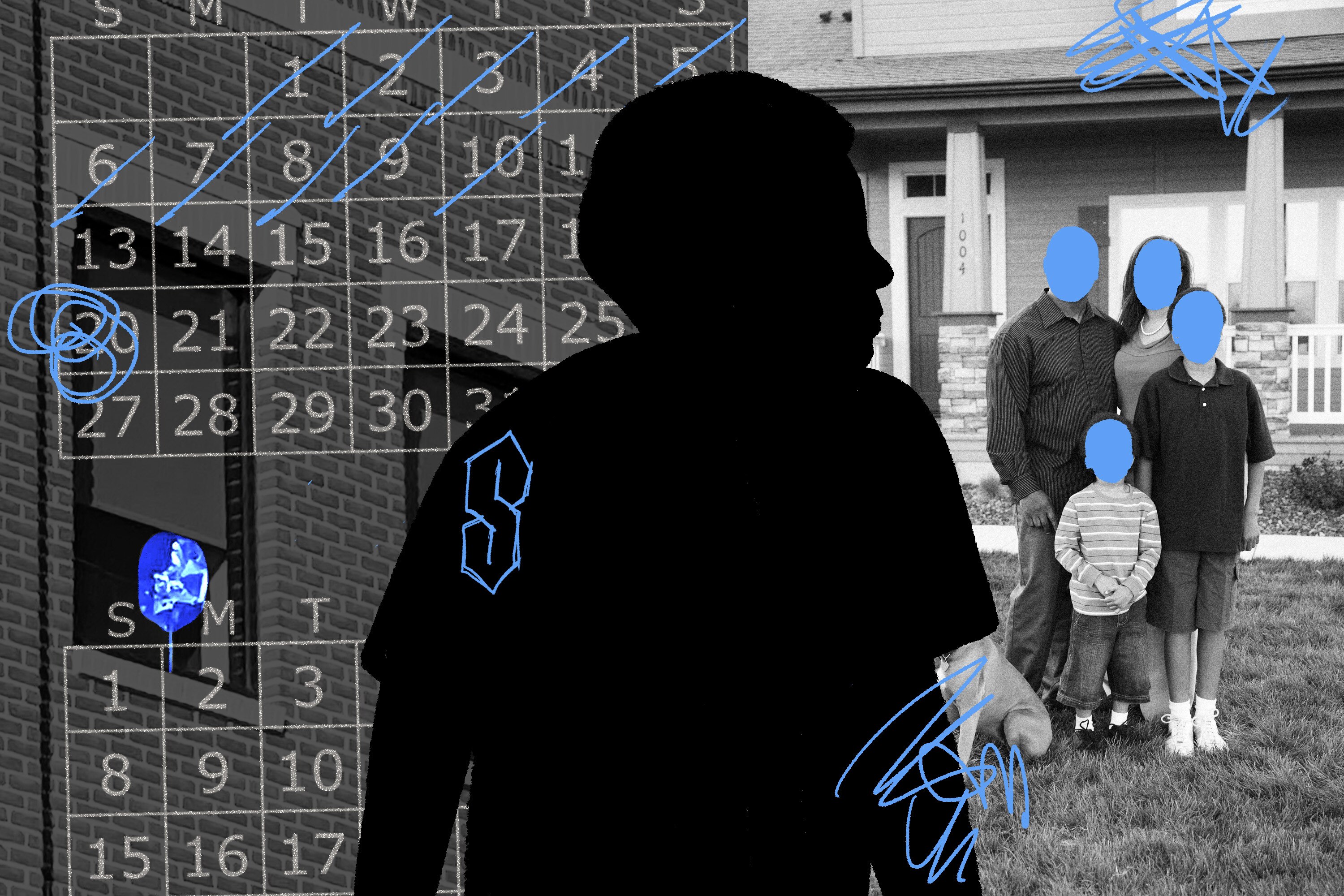 Silhouette of teen in front of office building and family house