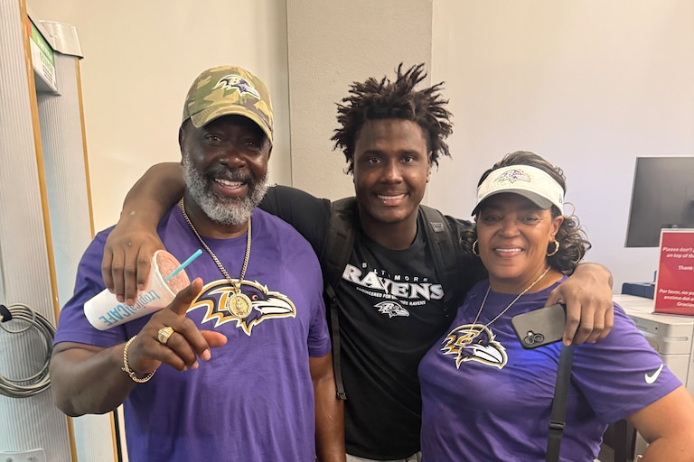 Zion Young, center, with his parents Frank Young and Shirley Reese after Zion's first preseason Ravens game against the Philadelphia Eagles.