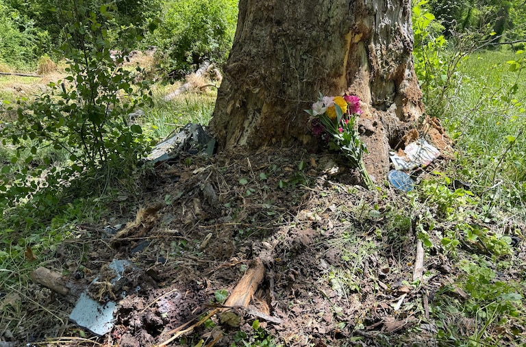 SATURDAY, MAY 2, 2026 - Memorial site of a car crash at the intersection of Poplar Hill Road and Merrymans Mill Road in Cockeysville on Friday night that left three juveniles injured and one adult dead.
