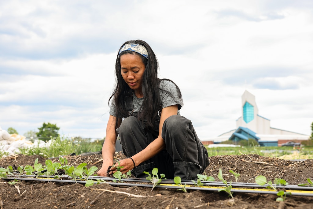 Farmer Maiya Lay, who runs Love Bug Farm, plants broccolini at her half-acre plot of land at the Urban Farm Incubator at Watkins Regional Park in Upper Marlboro