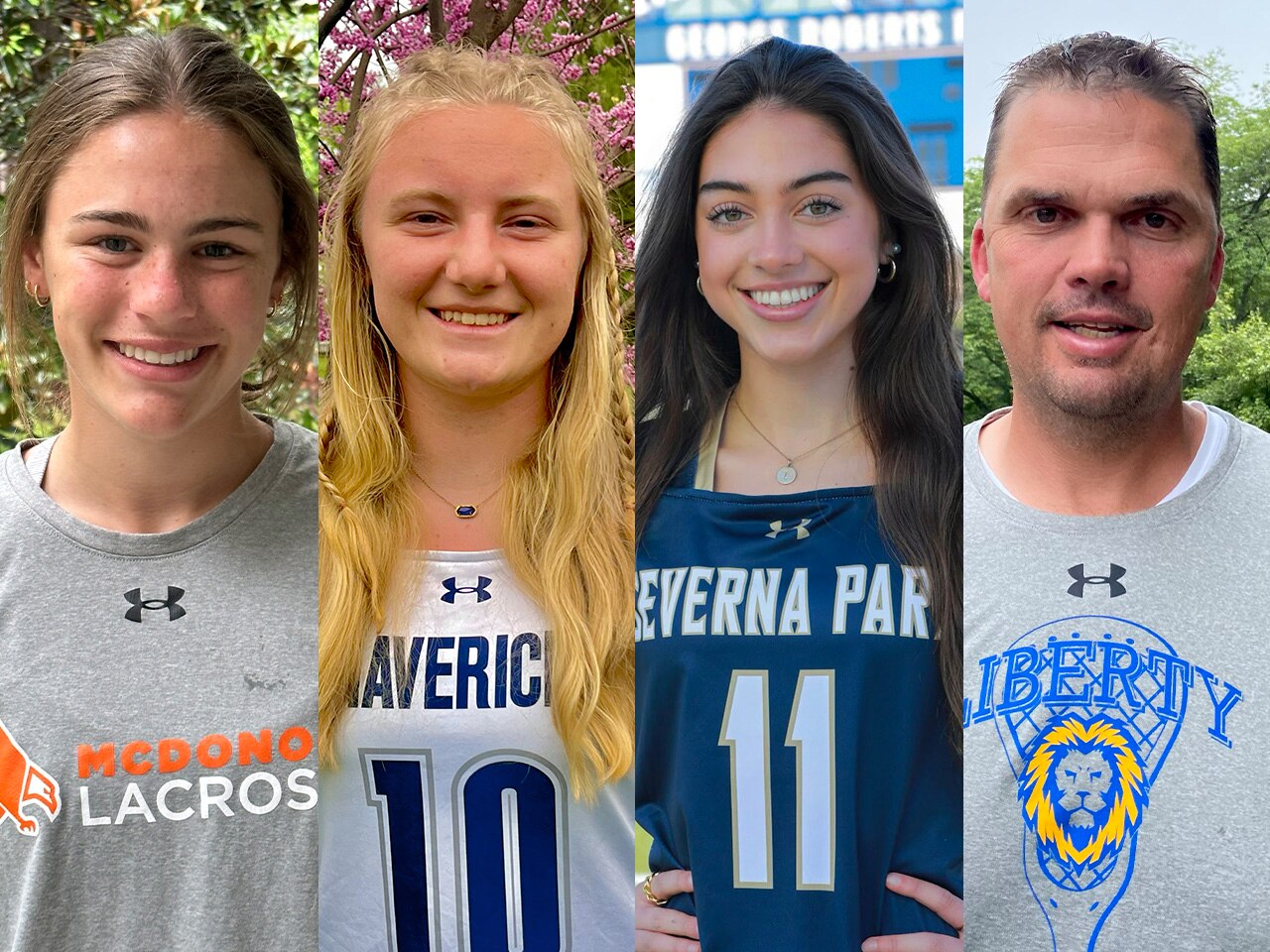 (From left) McDonogh's Kate Levy and Manchester Valley's Emma Penczek, the 2023 Baltimore Banner/VSN Girls Lacrosse Co-Players of the Year, Severna Park's Lilly Spilker, the 2023 Baltimore Banner/VSN Girls Lacrosse Defensive Player of the Year and Liberty's Tom Brandel, the 2023 Baltimore Banner/VSN Girls Lacrosse Coach of the Year.