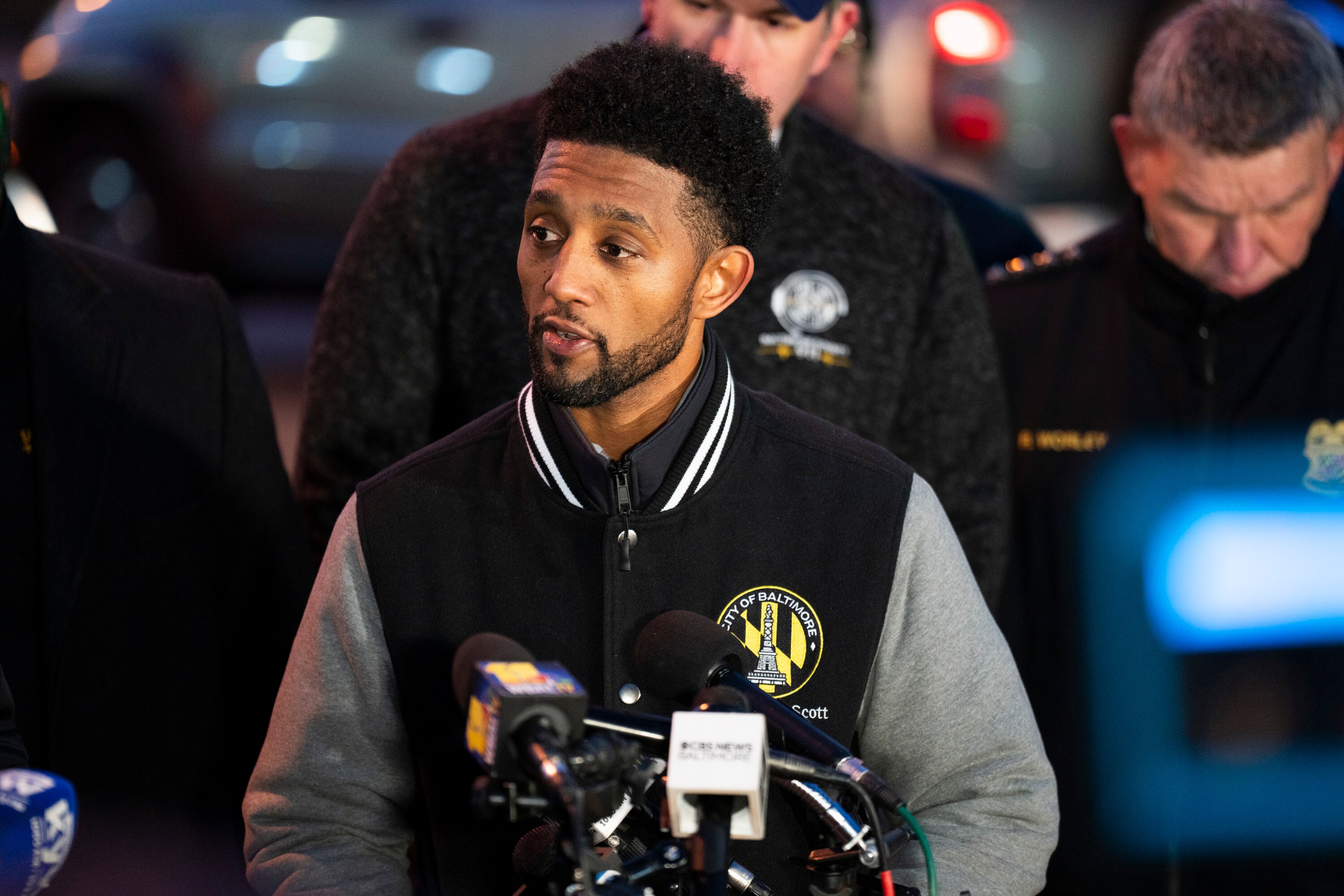 Baltimore Mayor Brandon Scott gives updates on the Francis Scott Key Bridge collapse at a news conference on Fort Smallwood Road Tuesday morning.