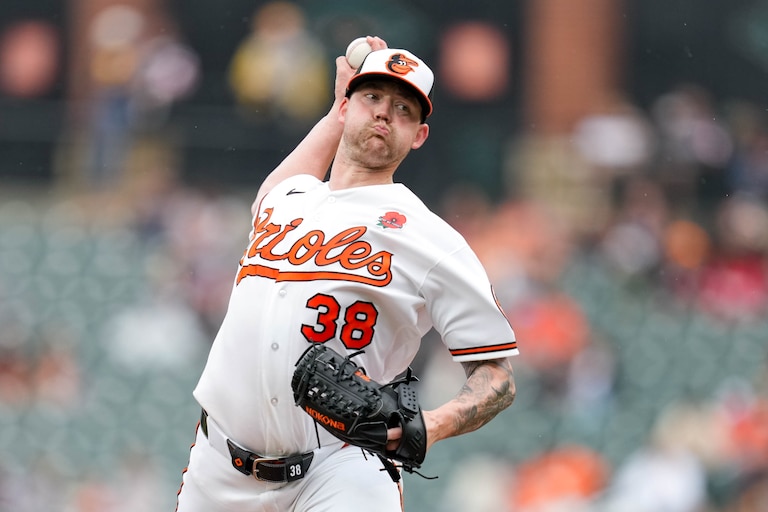 Baltimore Orioles pitcher Kyle Bradish (38) delivers in the third inning of a baseball game against the Tampa Bay Rays at Oriole Park at Camden Yards in Baltimore, Md. on Monday, May 25, 2026.