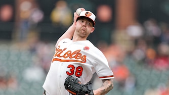 Baltimore Orioles pitcher Kyle Bradish (38) delivers in the third inning of a baseball game against the Tampa Bay Rays at Oriole Park at Camden Yards in Baltimore, Md. on Monday, May 25, 2026.