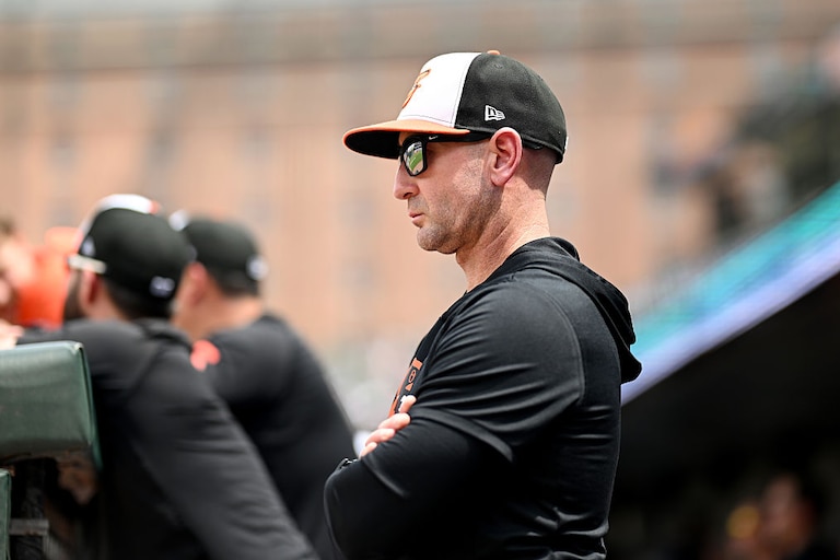 Orioles manager Craig Albernaz watches the second inning of a game against the New York Yankees on May 13.